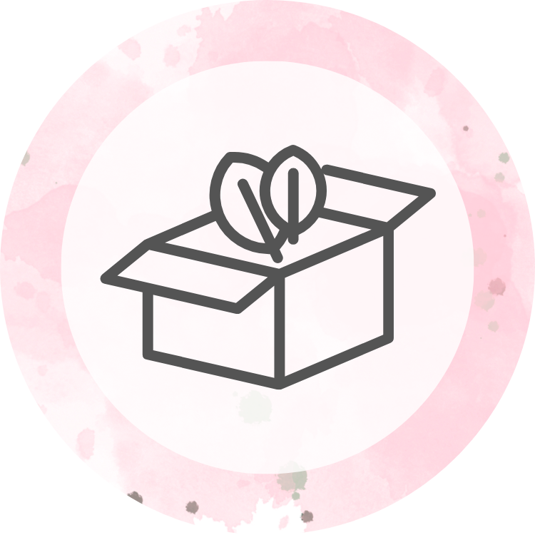 rundes Icon einer offenen Schachtel mit zwei Blättern in der Mitte - rosa Rand