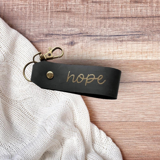 christlicher Schlüsselanhänger aus schwarzem Leder mit Goldschrift "hope"